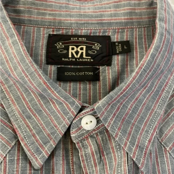 RRL Ralph Lauren Pearl Snap Striped Denim Oxford Western Cut Workshirt Size L - Picture 5 of 8